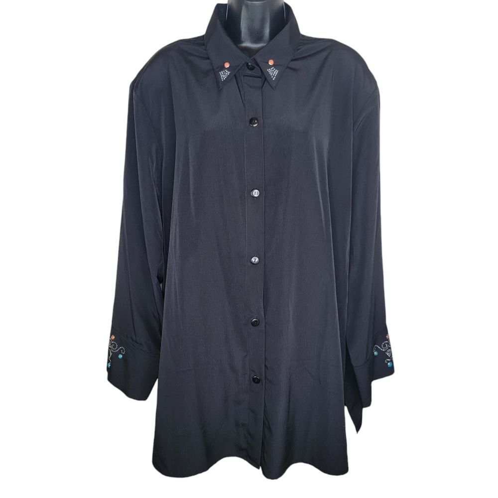Maggie Sweet Black Peachskin Southwest Embellished Blouse Top 2x Tall